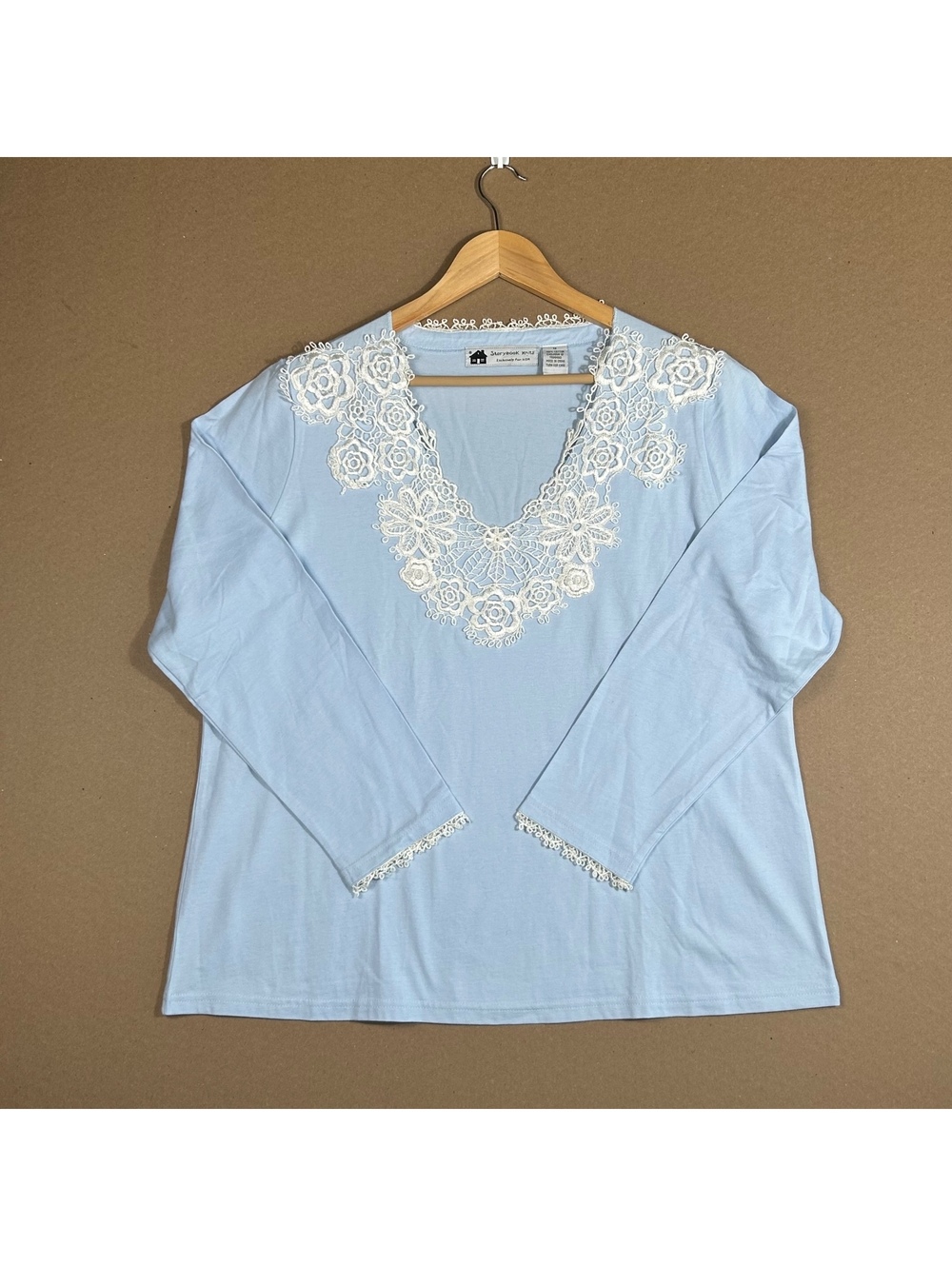 Storybook Knits Light Blue Lace Trim V-Neck Long Sleeve Top Size 1X Cottagecore